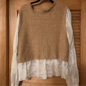 Anthropologie Tan and Cream Twofer Knit Sweater, Sheer, Great Condition